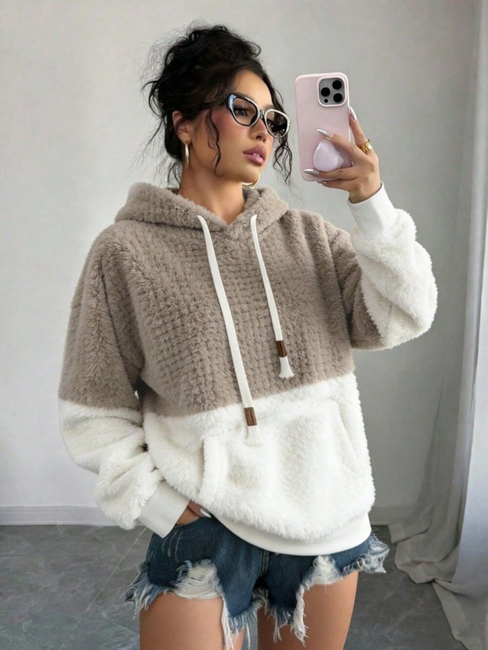 Multicolor Casual Women's Drawstring Pocket Fuzzy Loose Hooded Pullover